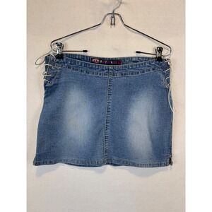 One Tuff Babe Denim Skirt Blue Mini Lace Up Sides Stretch Y2K Vintage 7/8